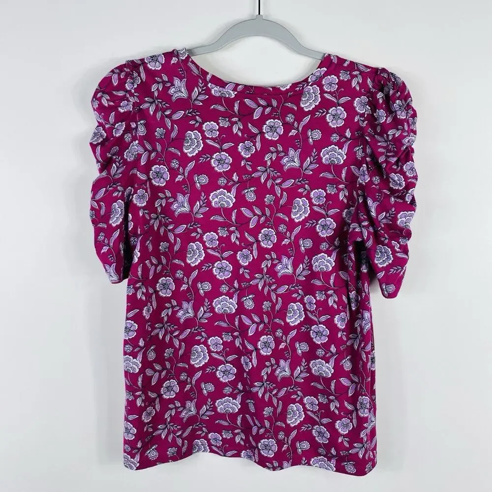Ann Taylor LOFT Top Small Pink Floral Puff Sleeve Tee 100% Cotton